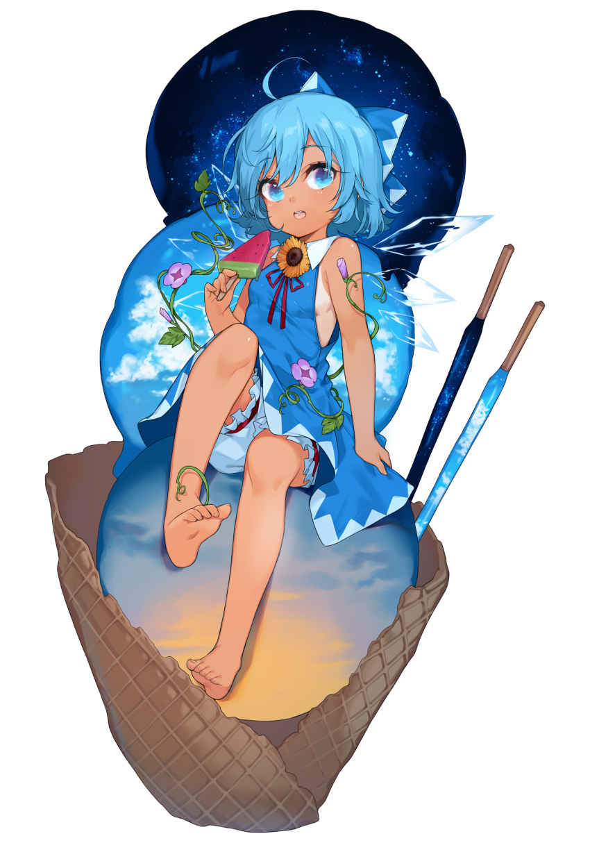 1girl, ahoge, bare_arms, bare_legs, barefoot, bloomers, blue_bow, blue_dress