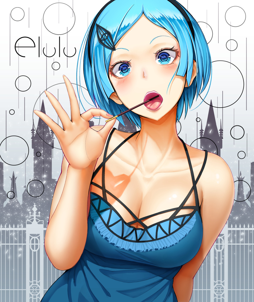 1boy, absurdres, asamurasaki, bare_shoulders, black_hairband, blue_dress, blue_eyes, blue_hair