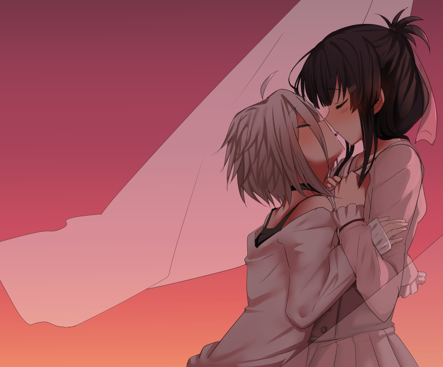 2girls, 80mph, ahoge, black_hair, blush, choker, closed_eyes, commentary