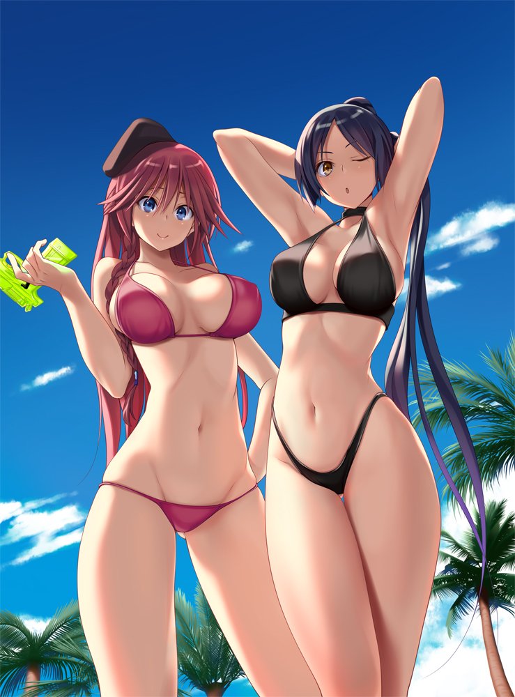 2girls, armpits, arms_behind_head, arms_up, asami_lilith, bangs, bare_shoulders, beach