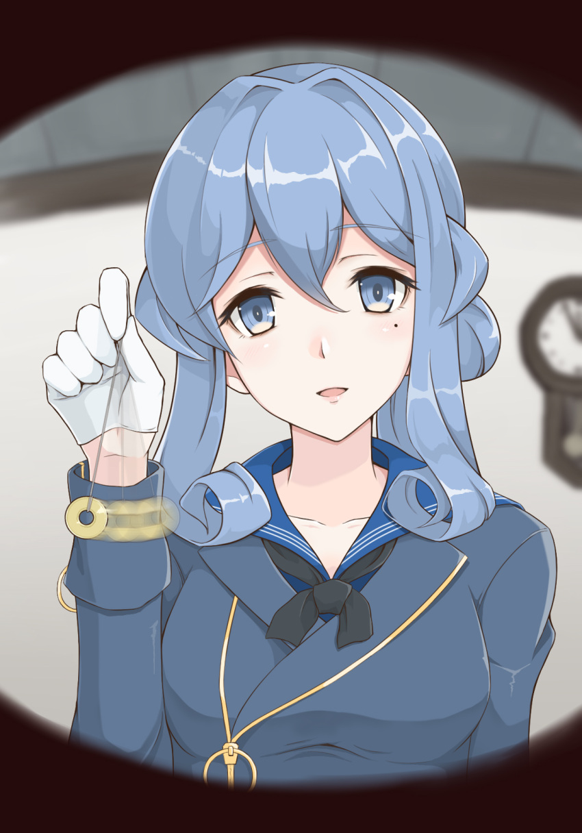 1girl, black_neckwear, blue_eyes, blue_hair, blue_sailor_collar, clock, coin, gotland_(kantai_collection), hair_bun, highres, hypnosis, kantai_collection, kodama_(user_rnfr3534), long_hair, long_sleeves, looking_at_viewer, military, military_uniform, mind_control, mole, mole_under_eye, neckerchief, pov, sailor_collar, solo, uniform, upper_body