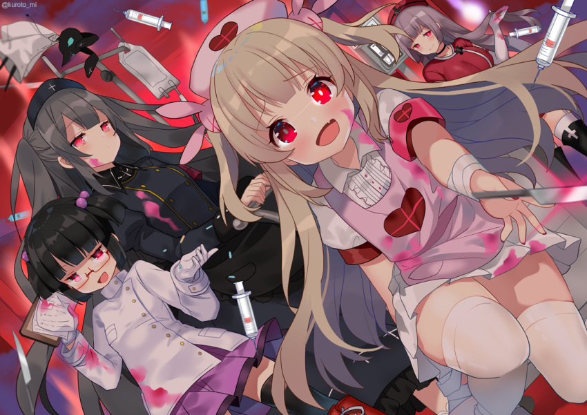 4girls, apron, armband, bandage, bandaged_arm, bandages, black_hair, blonde_hair