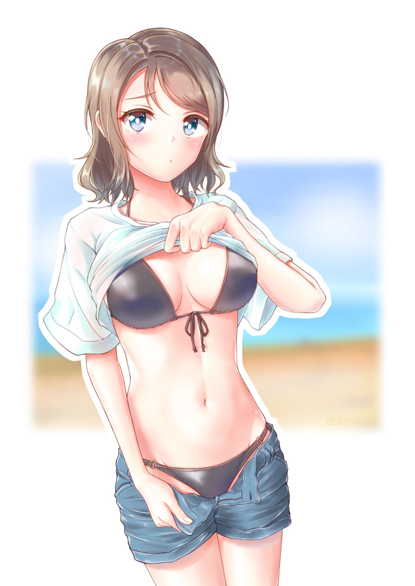 1girl, bikini, black_bikini, blue_eyes, blue_shorts, blurry, breasts, commentary_request