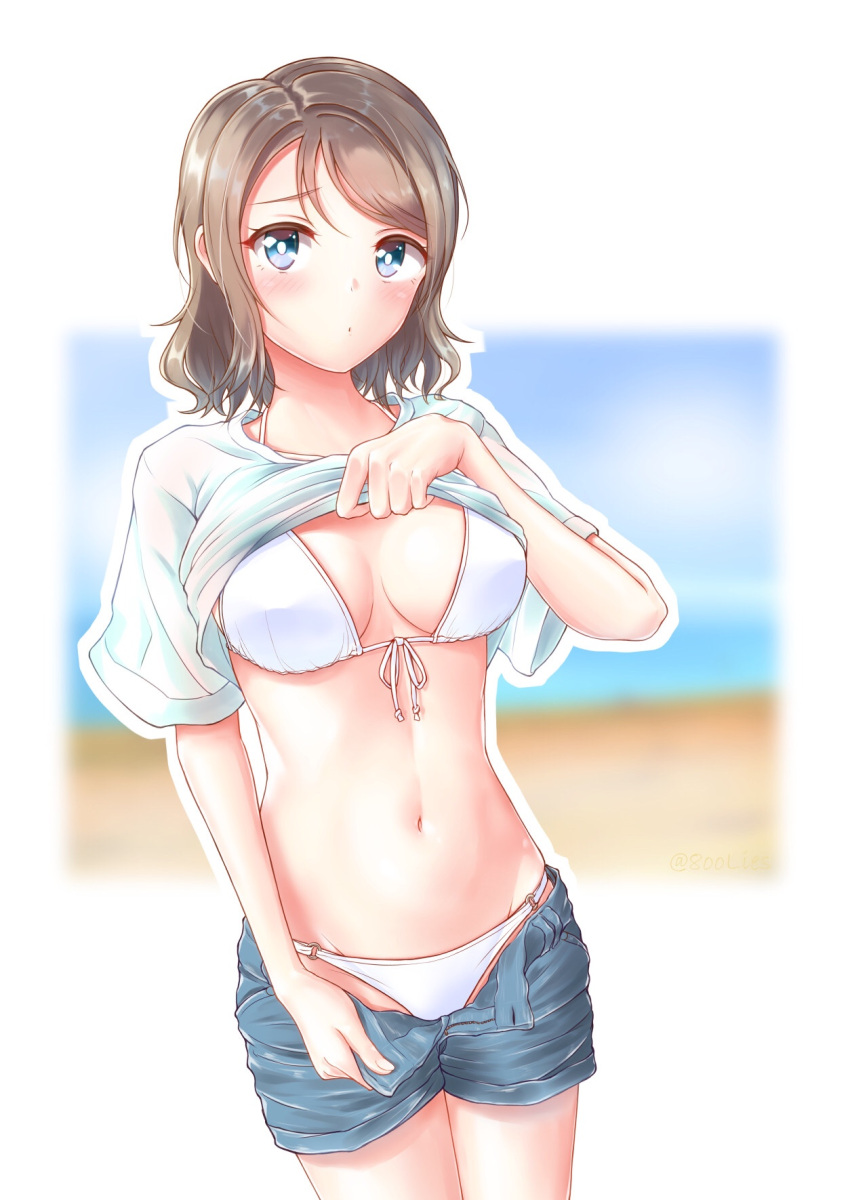1girl, bikini, blue_eyes, blue_shorts, blurry, breasts, cowboy_shot, denim
