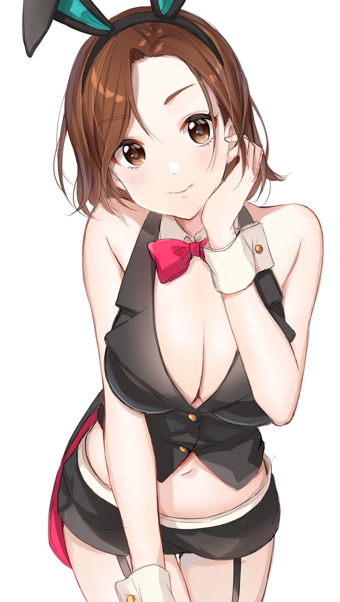 1girl, animal_ears, bangs, bare_shoulders, blazer, bow, bowtie, breasts
