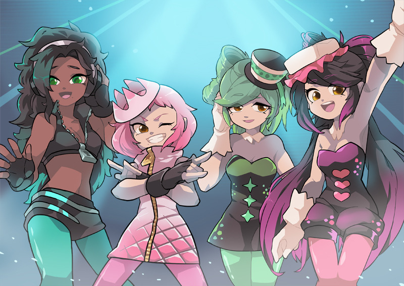 4girls, bare_shoulders, black_hair, breasts, brown_eyes, callie_(splatoon), cleavage, crown