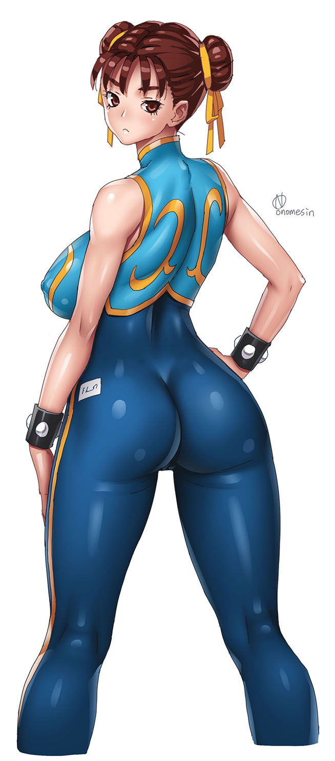 1girl, alternate_costume, ass, bare_shoulders, bodysuit, bracelet, breasts, brown_eyes