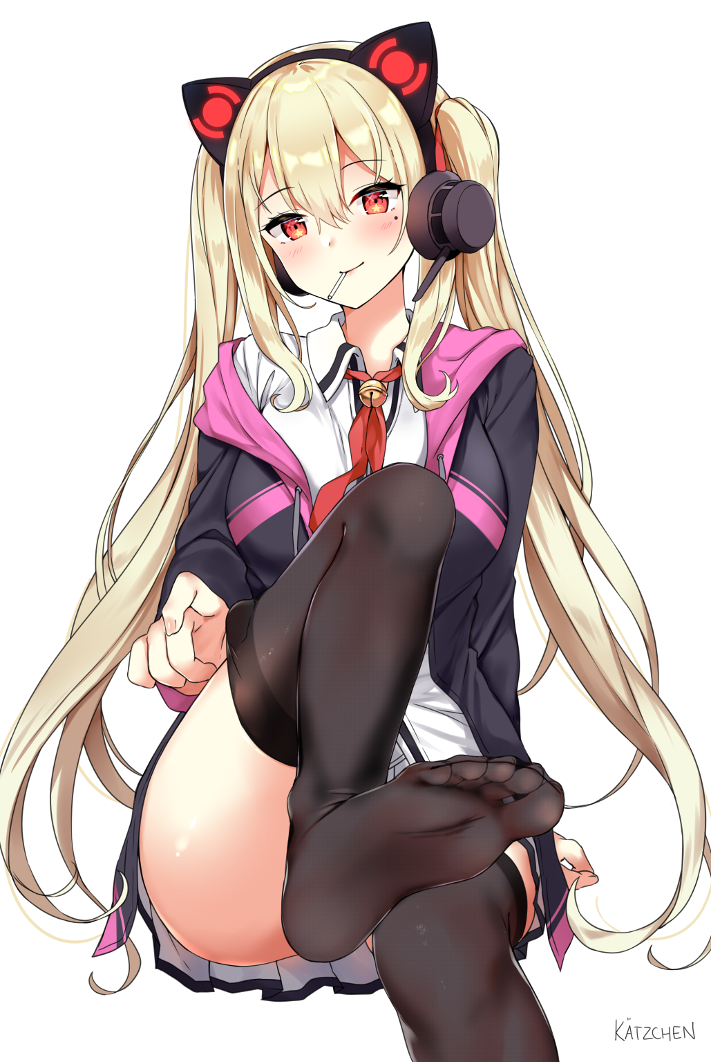 1girl, arm_support, ass, azur_lane, bangs, bell, black_legwear, blonde_hair, blush, breasts, candy, cannon, cat_ear_headphones, commentary_request, concord_(azur_lane), eyebrows_visible_through_hair, fang, feet, food, foot_up, hair_between_eyes, hair_ribbon, headphones, highres, hood, hood_down, hooded_jacket, ice_cream_cone, jacket, jingle_bell, kaetzchen, knee_up, log, lollipop, long_hair, long_sleeves, medium_breasts, mole, mole_under_eye, mouth_hold, neck_bell, neck_ribbon, no_shoes, open_clothes, open_jacket, pleated_skirt, red_eyes, red_ribbon, ribbon, rigging, sidelocks, sitting, skirt, solo, star, star-shaped_pupils, symbol-shaped_pupils, thigh-highs, thighhigh_tug, thighs, toes, twintails, vest, white_skirt