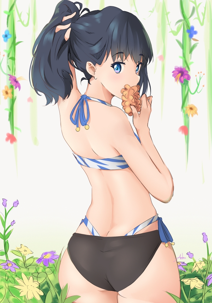 1girl, adjusting_hair, anho, arm_up, bare_shoulders, bikini, black_hair, black_panties, blue_eyes, blush, covering_mouth, flower, from_behind, hair_ornament, hair_scrunchie, hair_tie_in_mouth, leaf, looking_at_viewer, looking_back, mouth_hold, panties, ponytail, scrunchie, scrunchie_removed, side-tie_bikini, solo, ssss.gridman, swimsuit, takarada_rikka, thong_bikini, tiger_stripes, underwear