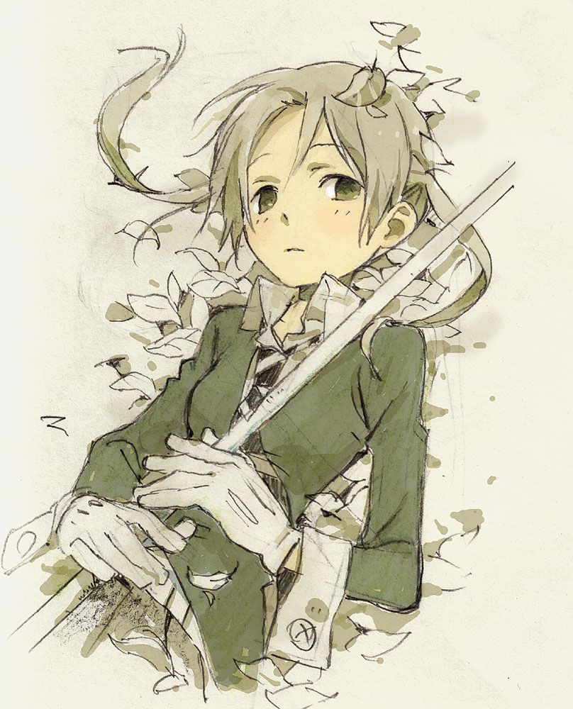 gloves, green_eyes, holding, leaf, leaves, lying, maka_albarn, maka_arubaan, necktie, soul_eater, twintails