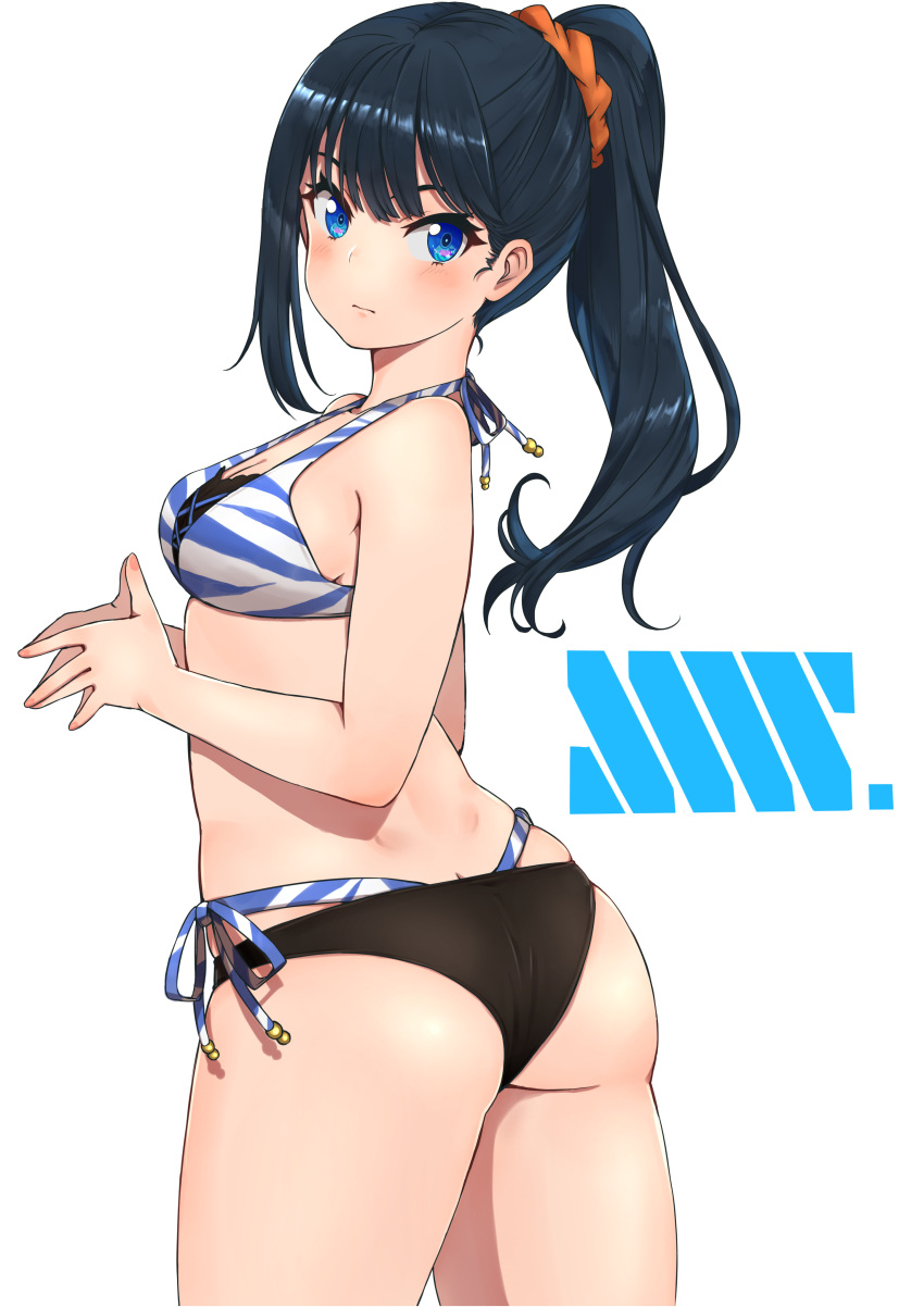 1girl, absurdres, ass, bangs, bare_shoulders, bikini, black_hair, black_panties