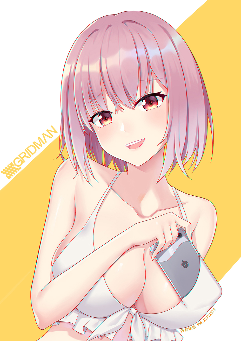 1girl, blush, breasts, cellphone, cleavage, copyright_name, ge_zhong_kuaile, highres, holding, holding_cellphone, holding_phone, large_breasts, lavender_hair, looking_at_viewer, open_mouth, phone, pixiv_id, red_eyes, shinjou_akane, short_hair, smile, solo, ssss.gridman, swimsuit, upper_body, white_bikini_top