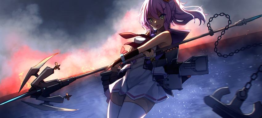 1girl, :d, absurdres, anchor, ashisi, azur_lane, backlighting, bangs, bare_shoulders, blue_sailor_collar, chains, clouds, cloudy_sky, dress, dutch_angle, eyebrows_visible_through_hair, fire, green_eyes, hair_between_eyes, hair_ornament, hairclip, highres, holding, holding_javelin, holding_spear, holding_weapon, horizon, javelin, javelin_(azur_lane), long_hair, looking_at_viewer, neckerchief, night, ocean, open_mouth, outdoors, pink_hair, pleated_dress, polearm, ponytail, purple_hair, red_neckwear, sailor_collar, sailor_dress, sky, sleeveless, smile, solo, spear, thigh-highs, v-shaped_eyebrows, water, weapon, white_dress, white_legwear, zettai_ryouiki