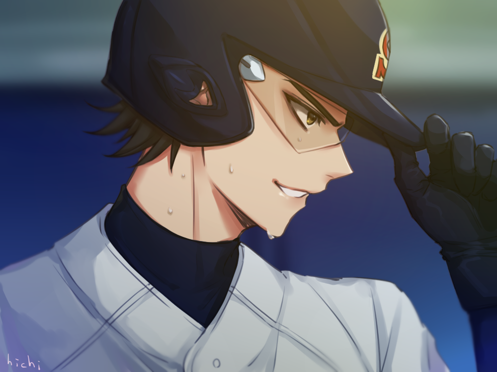 1boy, ace_of_diamond, adjusting_headwear, artist_name, baseball_helmet, baseball_uniform, black_gloves, blue_background