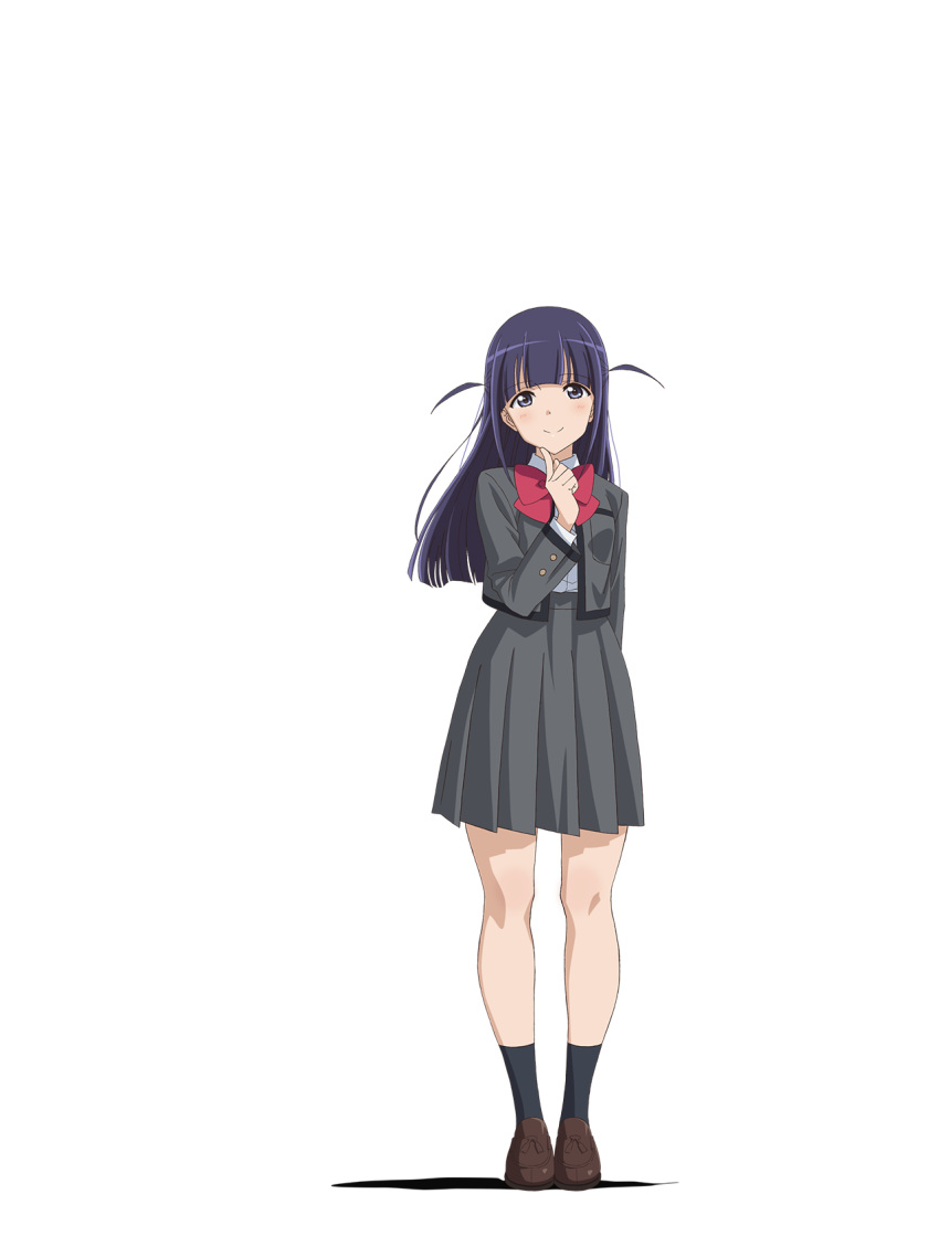 1girl, arm_behind_back, bangs, black_legwear, blue_eyes, blue_hair, blunt_bangs, blush