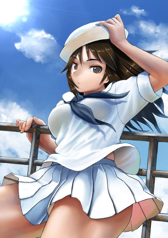 1girl, abazu-red, against_railing, bangs, black_eyes, black_hair, blouse, blue_skirt