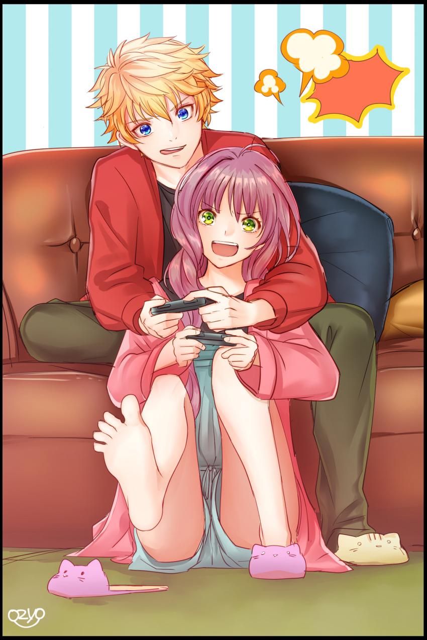 2boys, aidou_seiya, blonde_hair, blue_eyes, controller, game_controller, green_eyes, hanabusa_kokoro