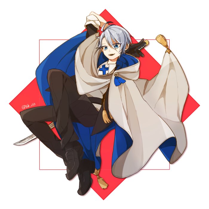 1boy, ahoge, blue_eyes, cloak, formal, male_focus, open_mouth, silver_hair