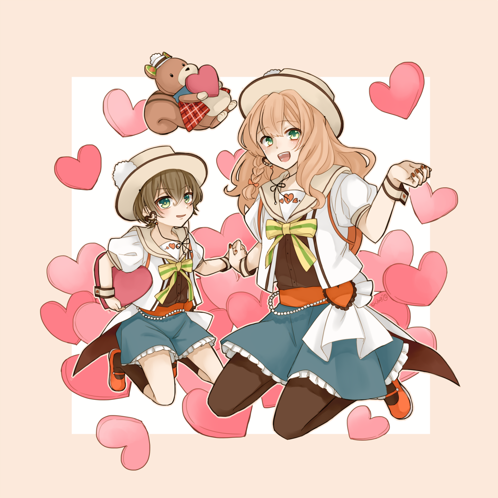 2boys, black_legwear, blush, crossdressinging, green_eyes, hand_holding, hat, i-chu