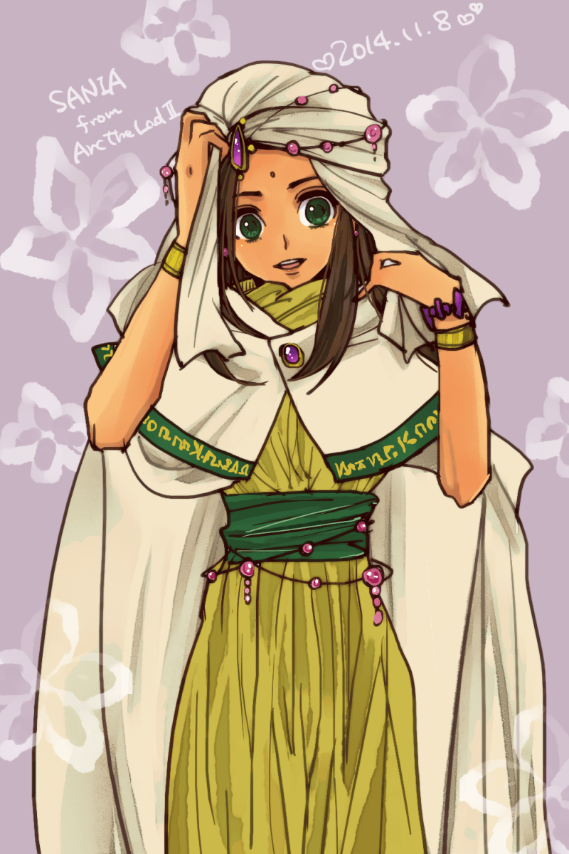 1girl, arc_the_lad, arc_the_lad_ii, brown_hair, commentary_request, dark_skin, dress, facepaint