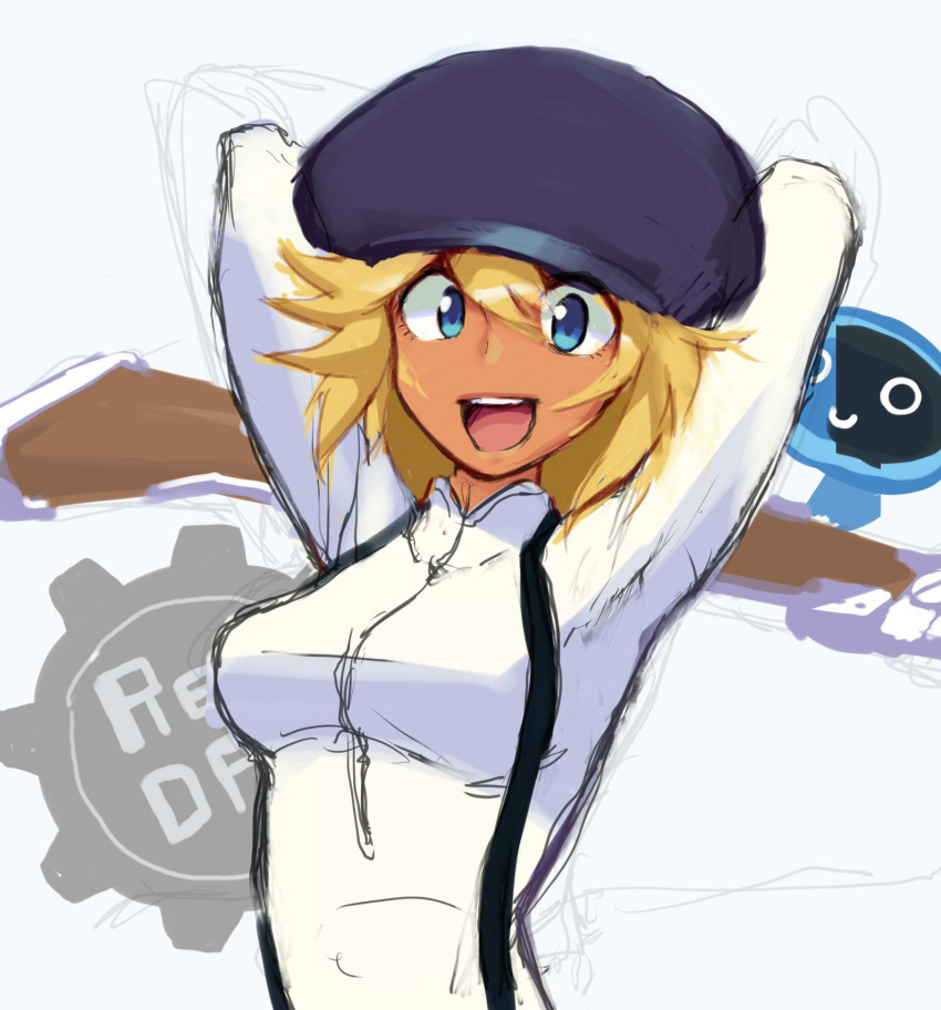 1girl, arms_behind_head, bangs, blonde_hair, blue_eyes, breasts, cabbie_hat, call_(red_ash), dark_skin, hair_between_eyes, hat, highres, medium_breasts, red_ash, short_hair, simple_background, sketch, smile, solo, suspenders, yuusuke_(5yusuke3)