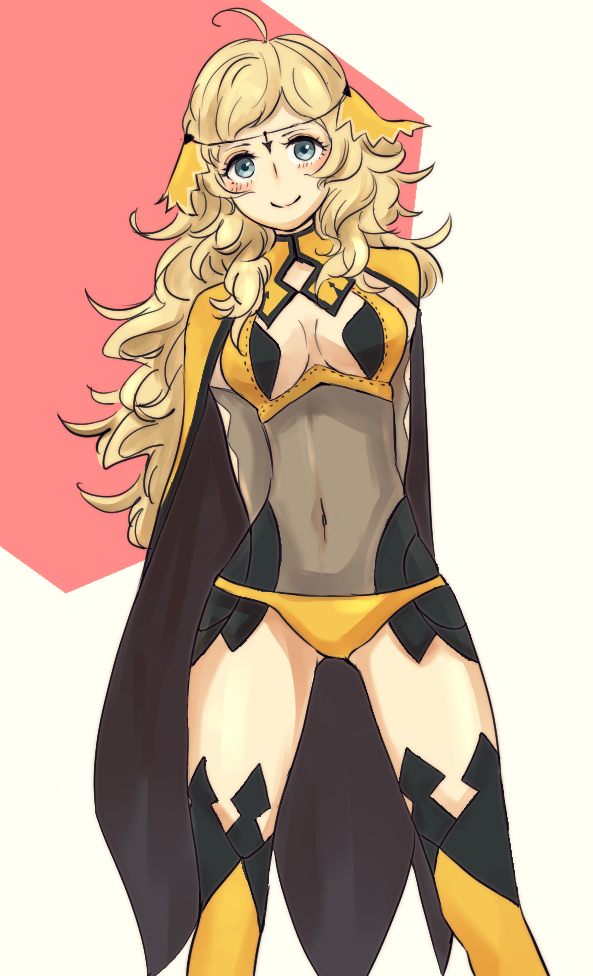 1girl, ahoge, arms_behind_back, black_legwear, blonde_hair, blue_eyes, breasts, cape