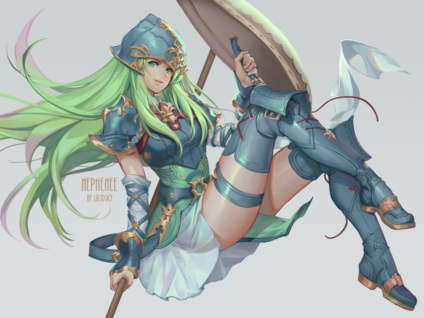 1girl, arm_warmers, armor, armored_dress, artist_name, blue_footwear, blue_gloves, blue_legwear