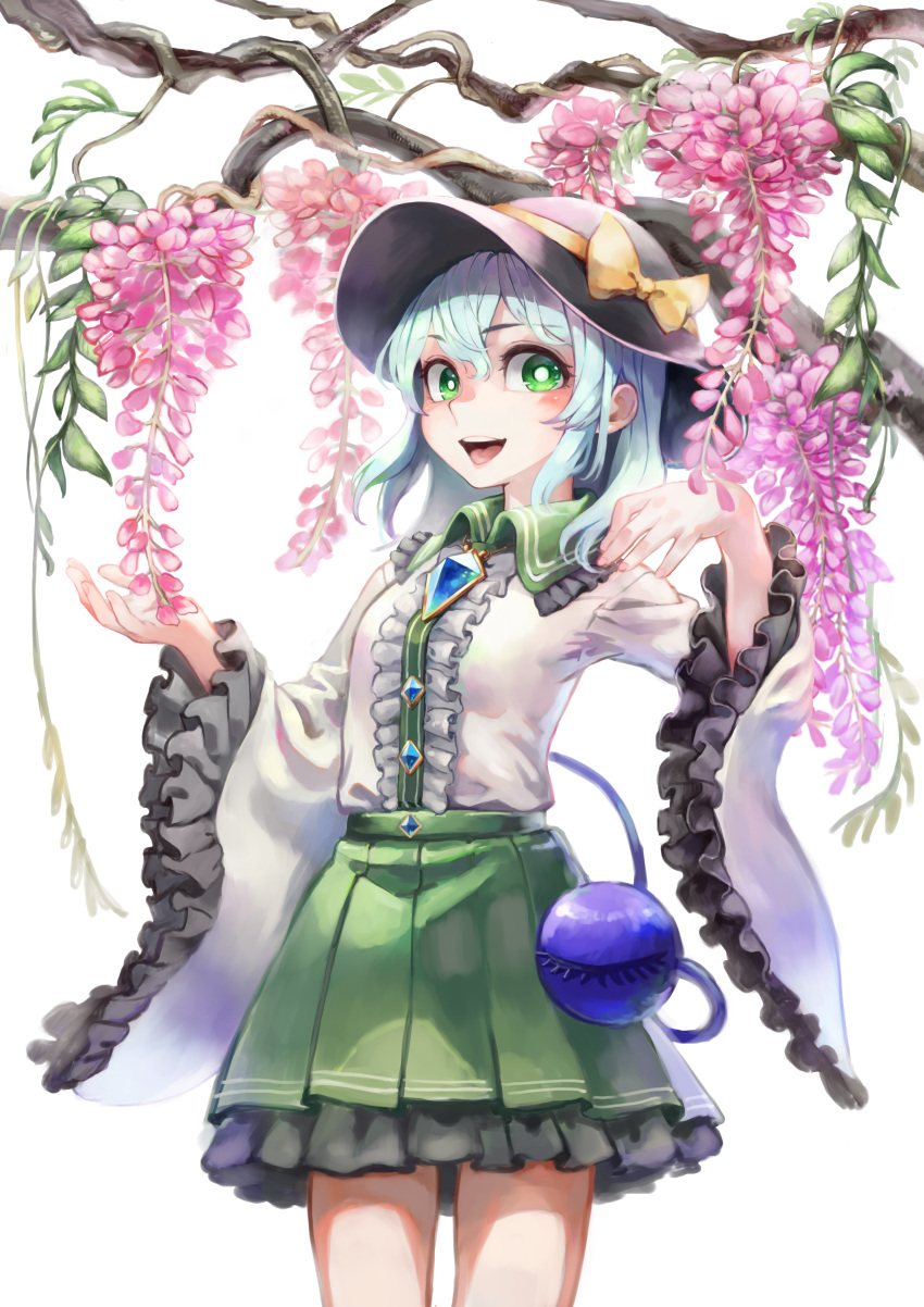 1girl, absurdres, adapted_costume, aqua_hair, black_hat, bow, branch, bright_pupils