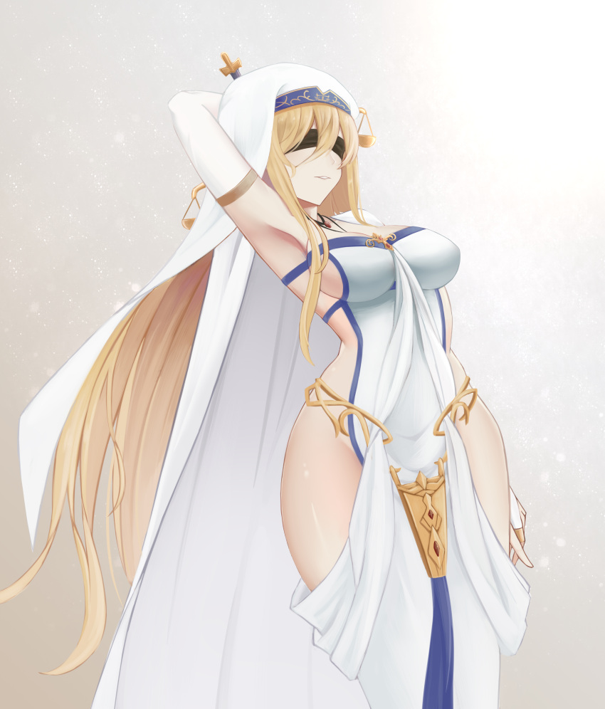 1girl, absurdres, arm_behind_head, armpits, blindfold, blonde_hair, breasts, bridal_veil