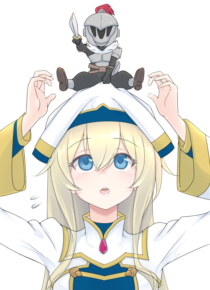 1girl, armor, bangs, blonde_hair, blue_eyes, dress, eyebrows_visible_through_hair, flying_sweatdrops