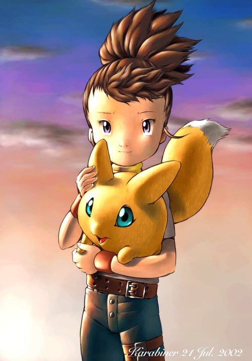 belt, blue_eyes, brown_hair, cloud, digimon, digimon_tamers, hand_on_head, holding