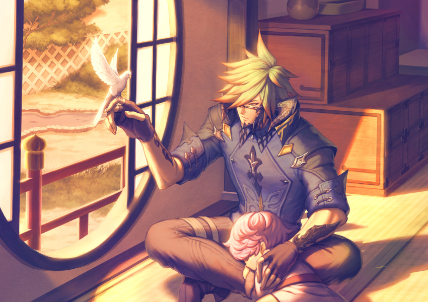 2boys, absurdres, animal, bird, bird_on_hand, black_gloves, blue_eyes, clutch2130