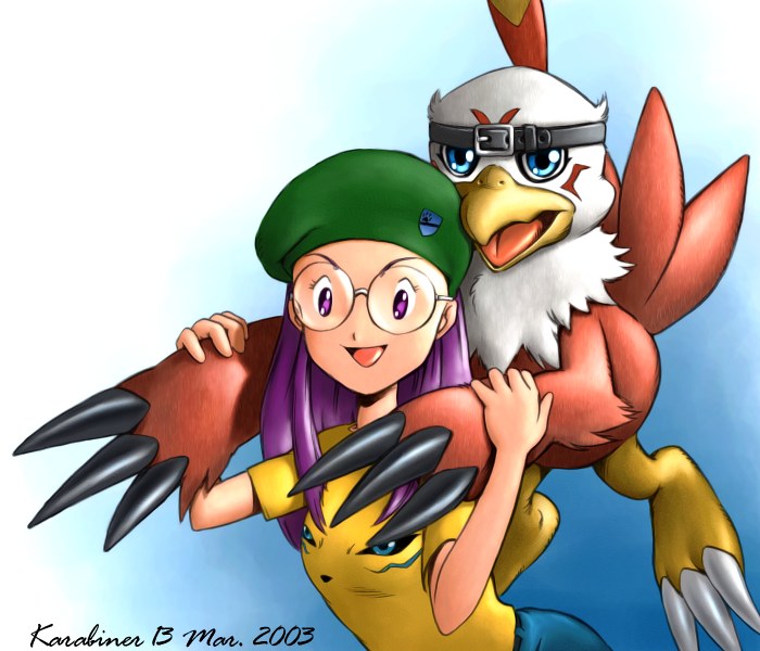 beret, bird, blue_eyes, claws, digimon, digimon_adventure_02, glasses, hat