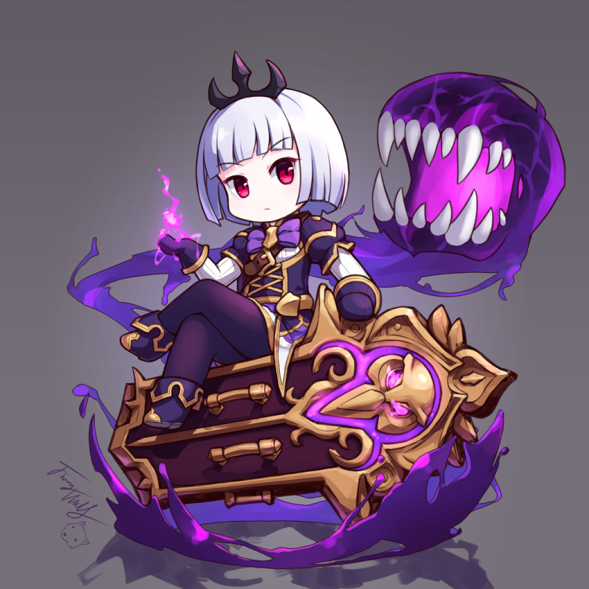 1girl, bangs, blunt_bangs, bob_cut, boots, bow, brown_background, chibi, closed_mouth, commentary_request, dress, gloves, head_tilt, headpiece, heroes_of_the_storm, langbazi, legs_crossed, looking_at_viewer, orphea_(heroes_of_the_storm), pantyhose, puffy_short_sleeves, puffy_sleeves, purple_bow, purple_dress, purple_footwear, purple_gloves, purple_legwear, red_eyes, shadow, sharp_teeth, shirt, short_sleeves, signature, simple_background, sitting, solo, teeth, v-shaped_eyebrows, white_hair, white_shirt