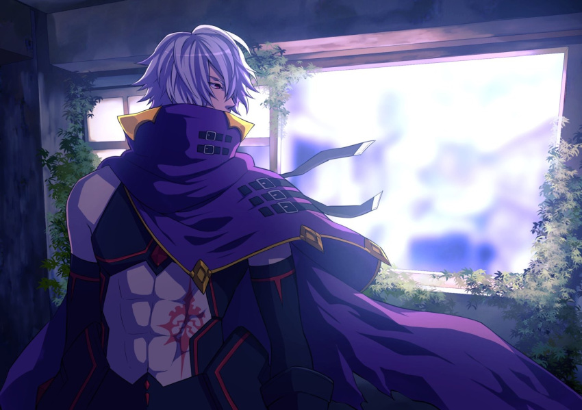 1boy, abs, black_gloves, brown_eyes, cape, clutch2130, covered_mouth, elbow_gloves