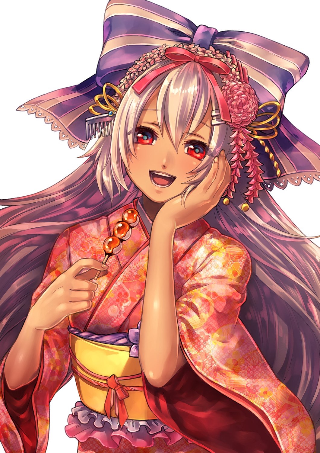1girl, :d, blush, bow, breasts, clutch2130, comb, dark_skin, floral_print, hair_bow, hair_ribbon, hand_up, highres, holding, japanese_clothes, kimono, long_hair, looking_at_viewer, mireille_lerner, open_mouth, pink_kimono, pink_ribbon, purple_bow, red_eyes, ribbon, shironeko_project, smile, solo, very_long_hair, white_background, wide_sleeves