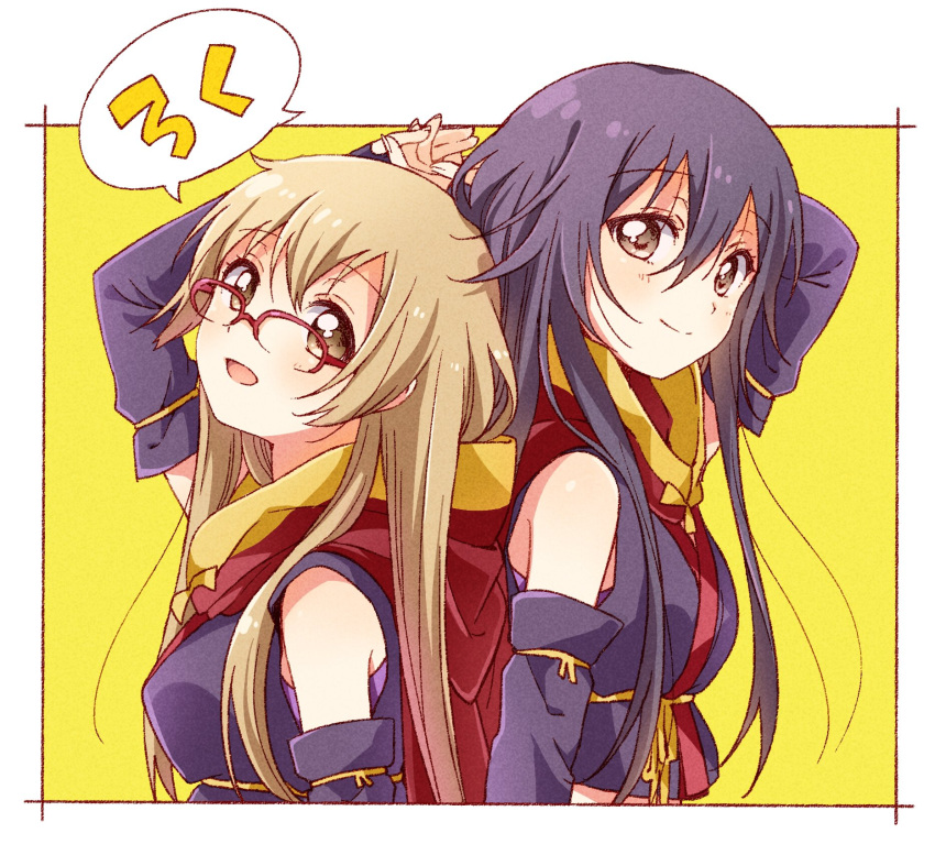 2girls, aoba_hatsume, back-to-back, black_hair, blonde_hair, brown_eyes, commentary_request, crop_top