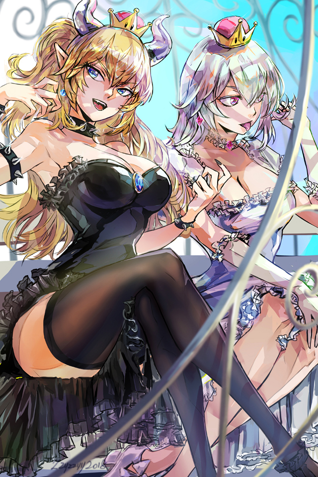 2girls, armpit, bare_shoulders, black_dress, blonde_hair, blue_eyes, bowsette, breasts