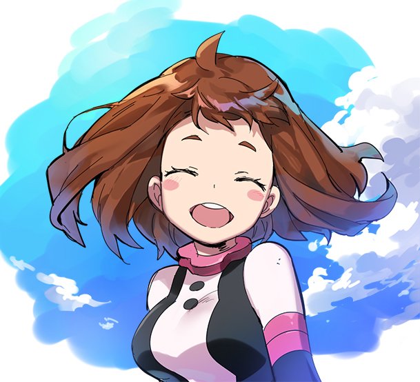 1girl, :d, blush_stickers, bodysuit, boku_no_hero_academia, breasts, brown_hair, closed_eyes, jinno_(megacake), large_breasts, open_mouth, short_eyebrows, short_hair, smile, solo, upper_body, uraraka_ochako