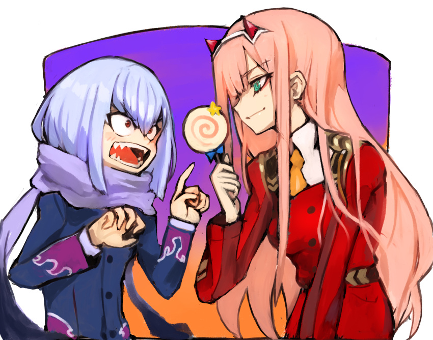 1boy, 1girl, absurdres, anti_(ssss.gridman), company_connection, crossover, dakusuta, darling_in_the_franxx