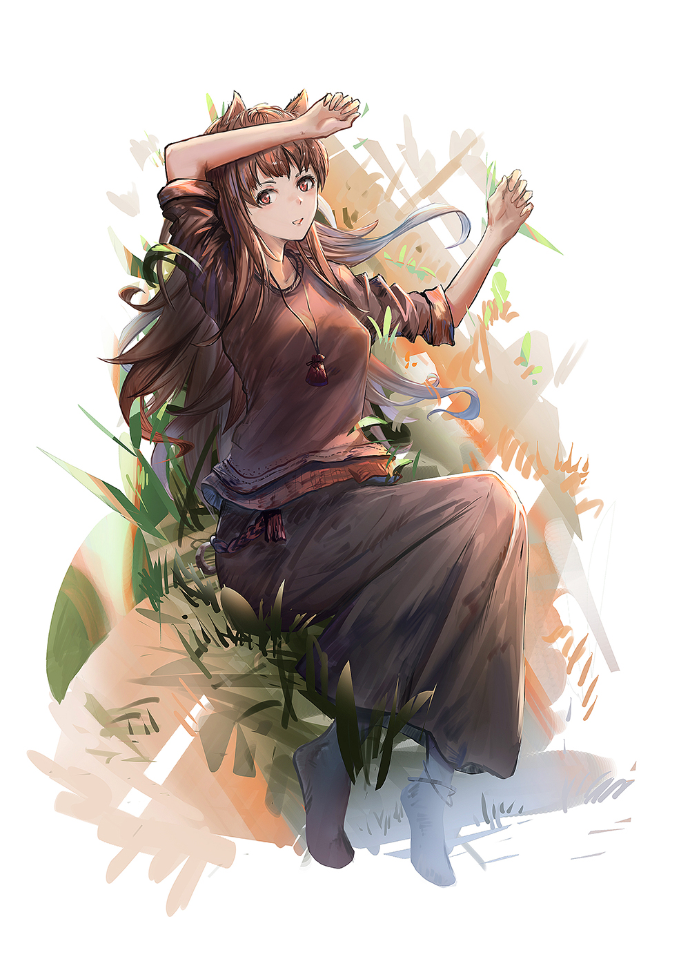 1girl, animal_ears, brown_dress, brown_hair, dress, ein_eis, full_body, highres