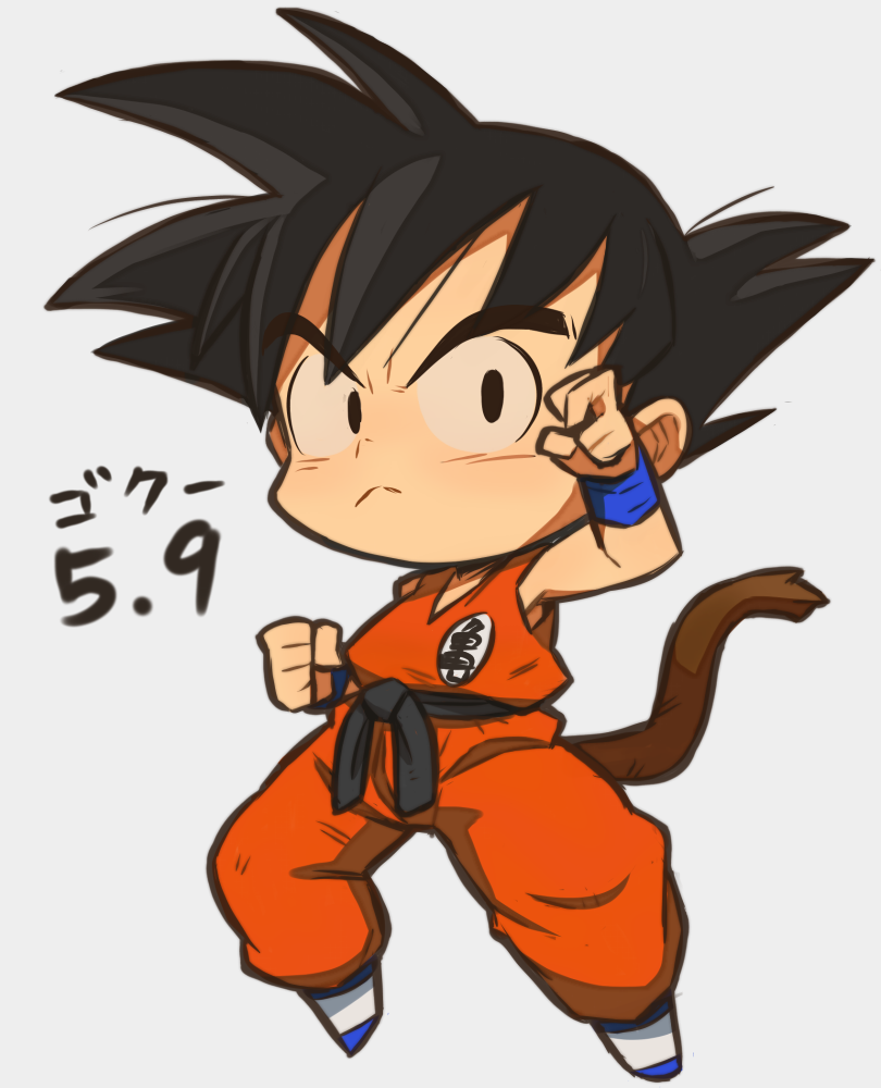 1boy, black_eyes, black_hair, chibi, clenched_hand, clothes_writing, dougi, dragon_ball