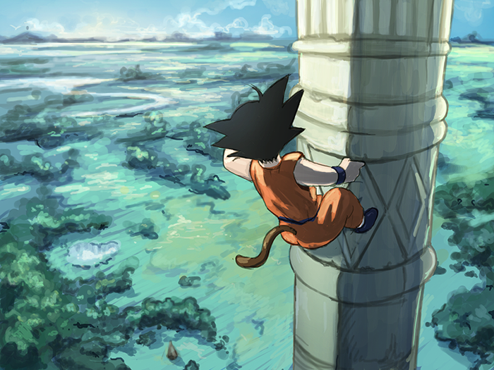 1boy, black_hair, blue_sky, climbing, day, dougi, dragon_ball, dragon_ball_(classic), facing_away, forest, from_above, full_body, korin_tower, landscape, male_focus, mountain, nature, outdoors, satou_momonnyo, short_hair, sky, son_gokuu, spiky_hair, tail, tower, tree, wristband