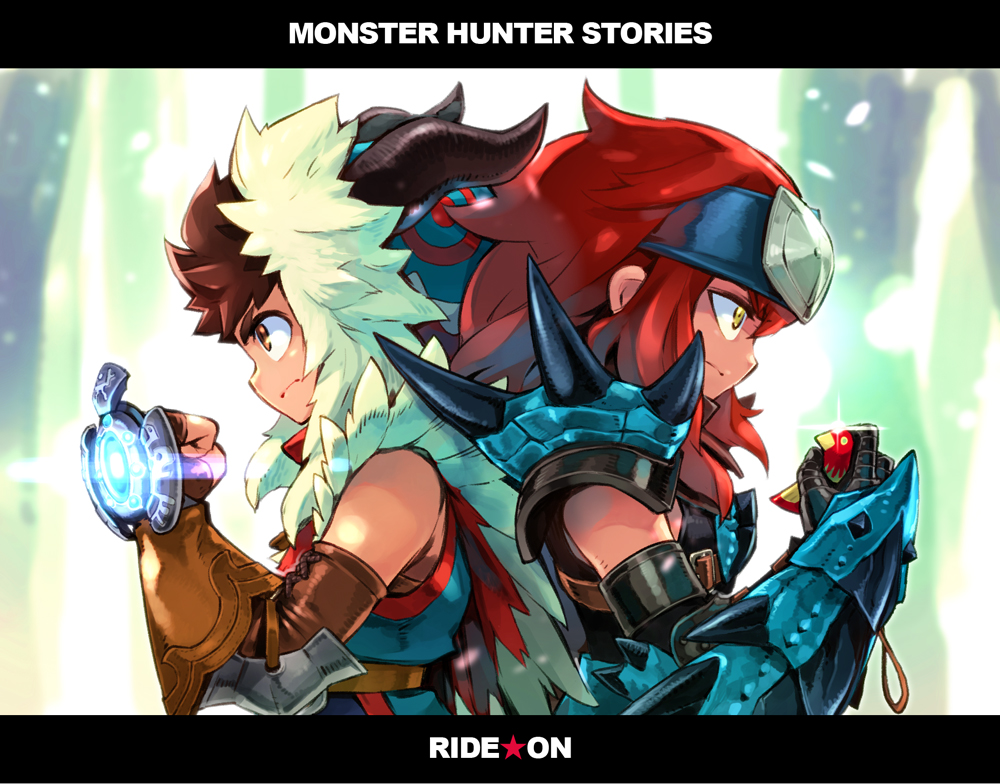 2boys, armor, brown_eyes, brown_hair, cheval, fingerless_gloves, fuse_ryuuta, gloves, hairband, jewelry, leather, leather_gloves, monster_hunter, monster_hunter_stories, multiple_boys, necklace, redhead, ryuuto_(monster_hunter_stories), short_hair, spikes, spiky_hair