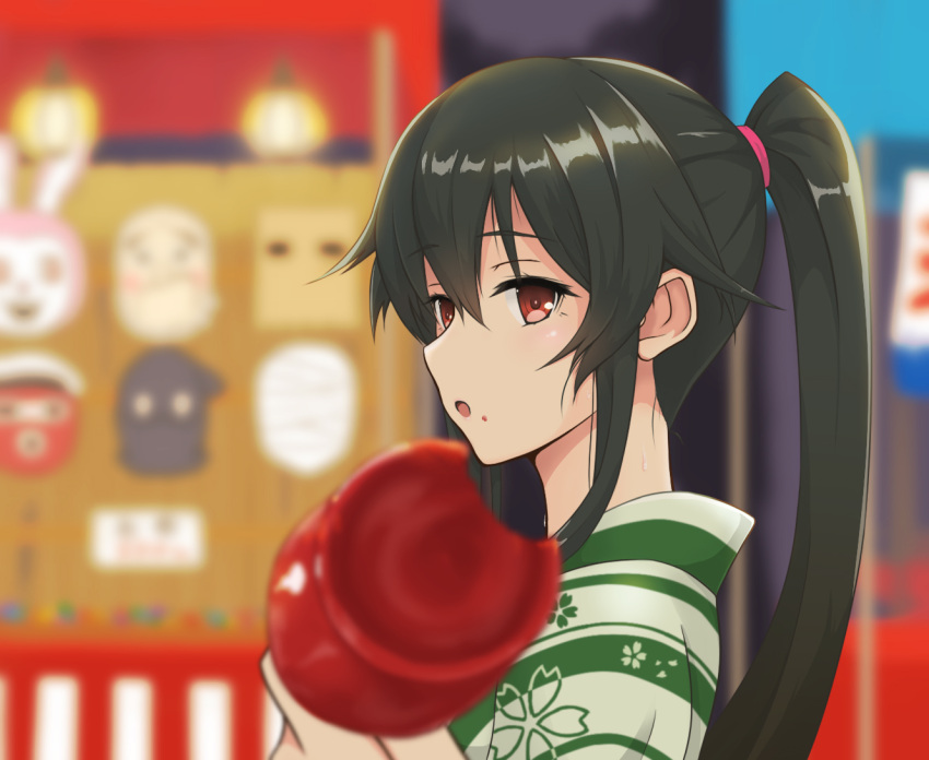 1girl, alternate_costume, black_hair, blurry, candy_apple, depth_of_field, festival, food