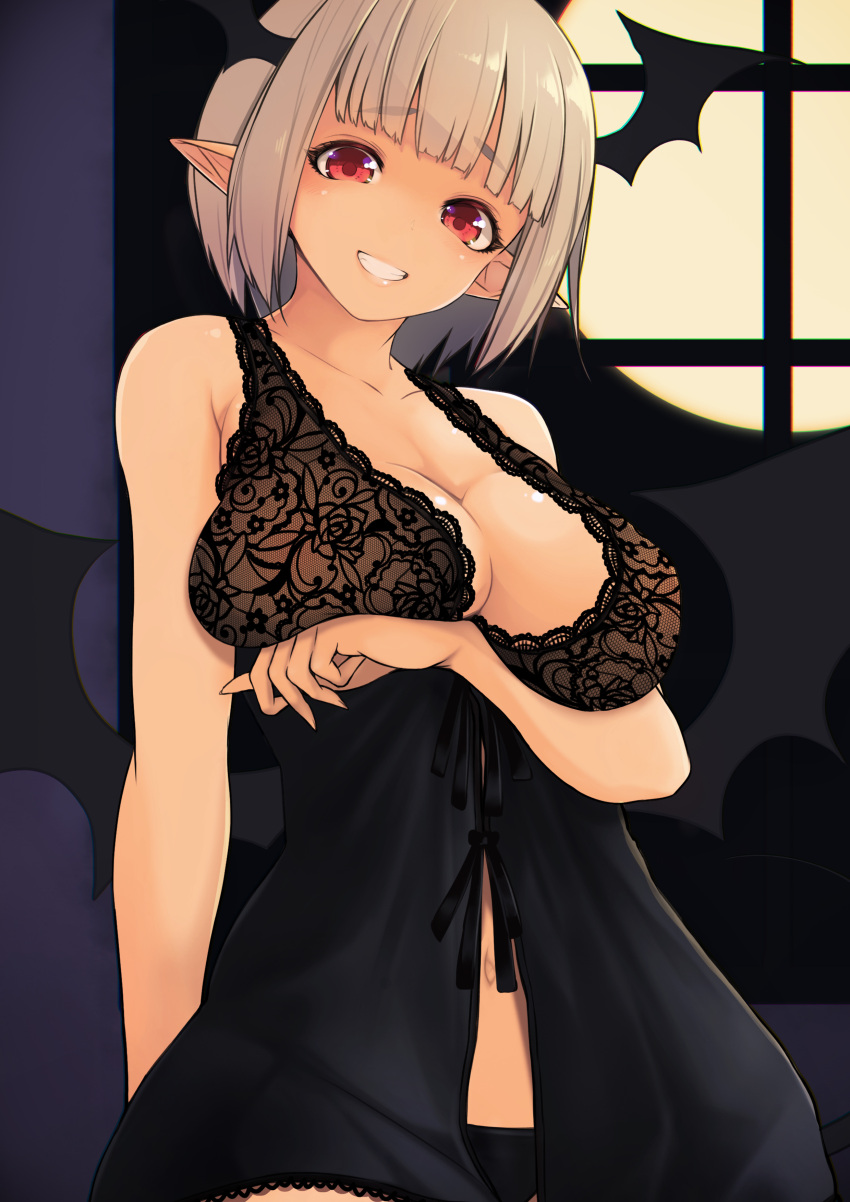 .sin, 1girl, absurdres, bangs, black_panties, blunt_bangs, breast_hold, breasts
