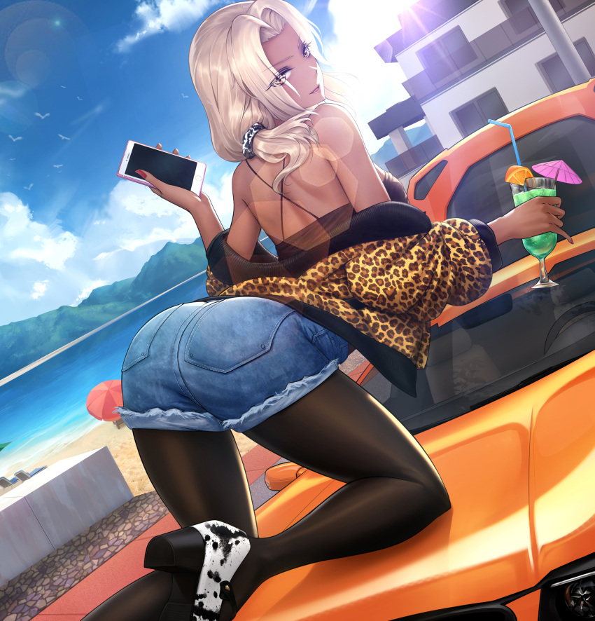 1girl, arched_back, ass, bare_shoulders, beach, bird, black_legwear, blonde_hair