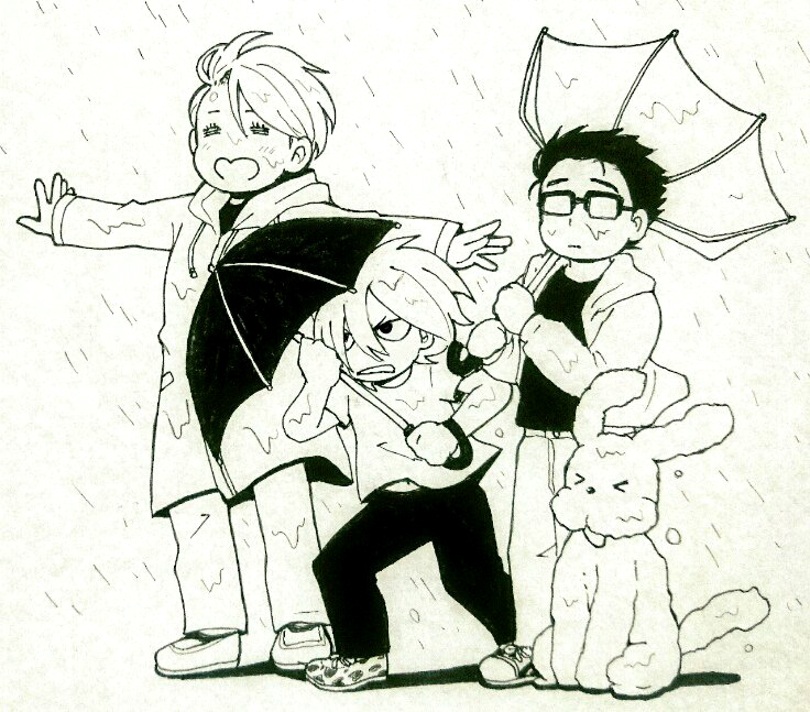 >_<, 3boys, =_=, dog, glasses, heart-shaped_mouth, katsuki_yuuri, makkachin