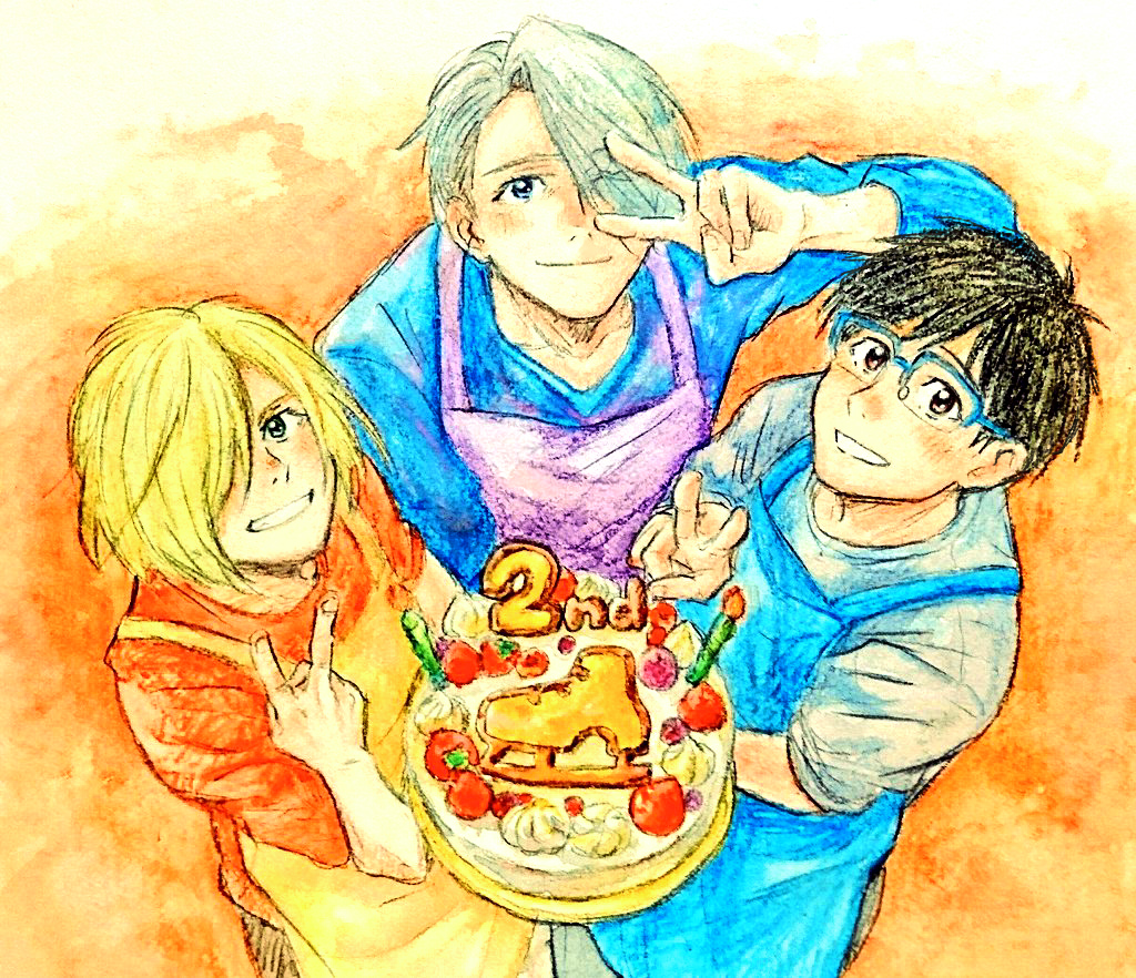3boys, anniversary, apron, black_eyes, black_hair, blonde_hair, blue-framed_eyewear, blue_eyes