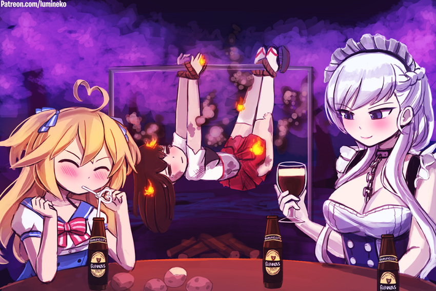 3girls, =_=, ahoge, akagi_(kantai_collection), artist_name, azur_lane, beer_bottle, belfast_(azur_lane)
